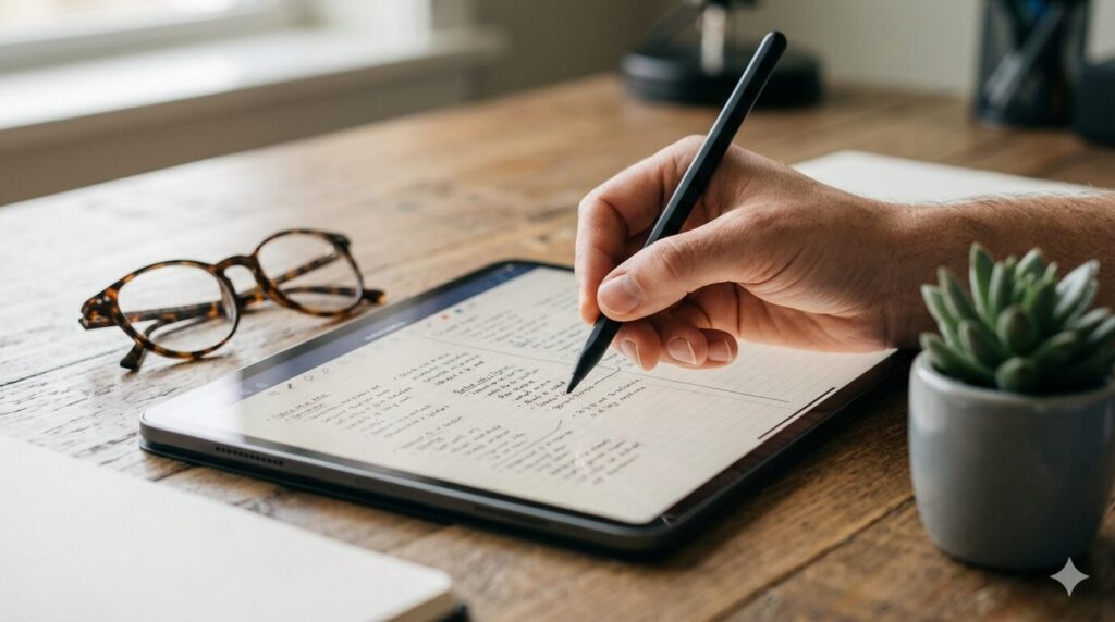 タブレットを使用して、初回訪問の具体的な様子を記録している手元の様子。