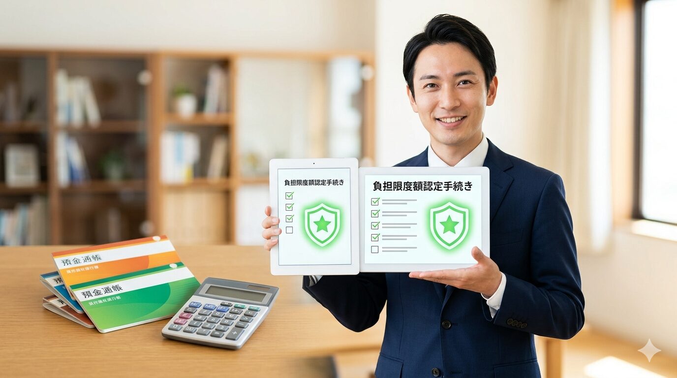 負担限度額認定の申請について、通帳を前に分かりやすく解説する専門家のイメージ。