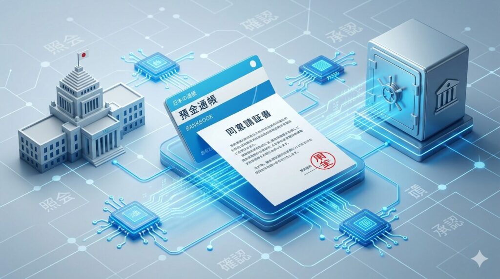 同意書と通帳から、自治体が銀行へ照会を行うデータ連携のイメージ図。