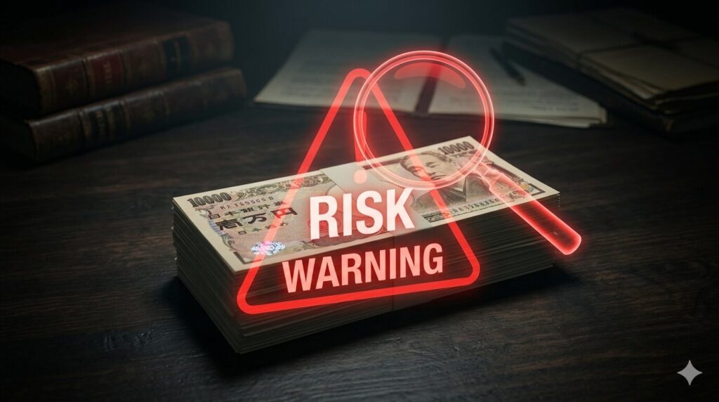 多額の現金の上に重なる赤い「警告」のサイン。資産隠しに伴う重いペナルティのイメージ。