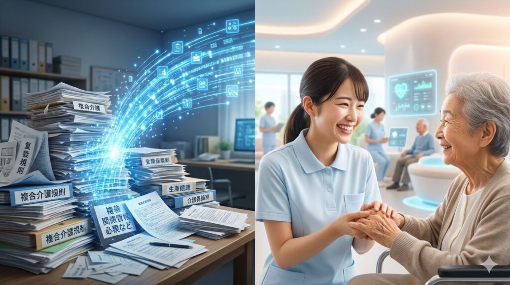 書類業務がデジタル化され、その分、利用者と笑顔で接する時間を確保できた介護現場のイメージ。