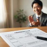 介護保険の申請書を前に、温かく見守りアドバイスを送る専門家のイメージ。