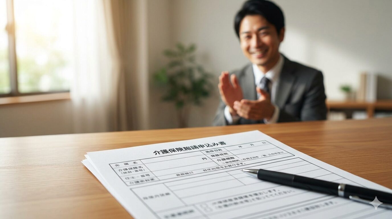 介護保険の申請書を前に、温かく見守りアドバイスを送る専門家のイメージ。