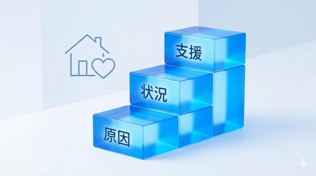 「原因」「状況」「支援」の3つのステップで構成された、論理的な申請理由の組み立てイメージ。