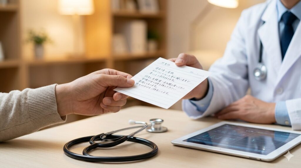 診察室で主治医に日頃の困りごとをまとめたメモを手渡す、家族と医師の連携シーン。