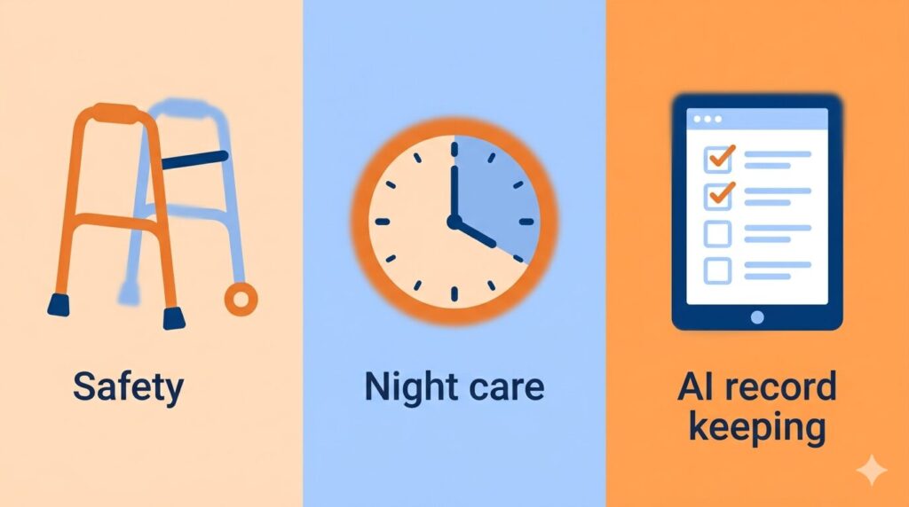 転倒防止、夜間対応、記録の効率化など、介護のさまざまな場面を象徴するアイコンのコラージュ。