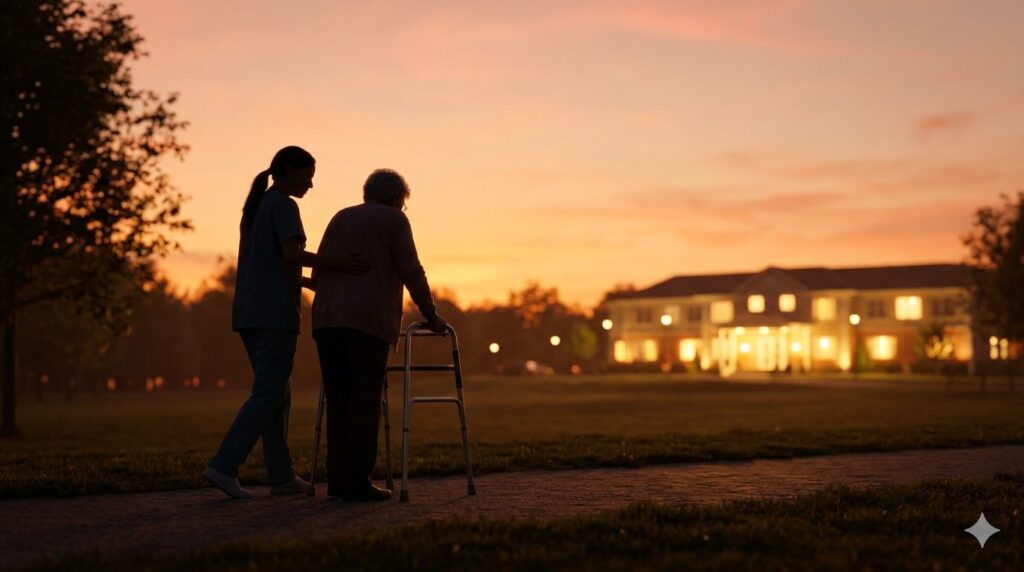 適切なサービスを受けられ、穏やかに散歩を楽しむ高齢者と、その横で寄り添う家族の後ろ姿。