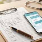 介護保険の問診票とスマートフォン、聴診器が並ぶ、信頼感のあるデスク風景。