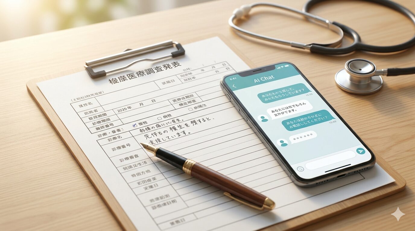 介護保険の問診票とスマートフォン、聴診器が並ぶ、信頼感のあるデスク風景。