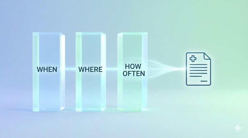 「いつ」「どこで」「どれくらい」という3つの軸が、一つの書類に集約されていく概念図。