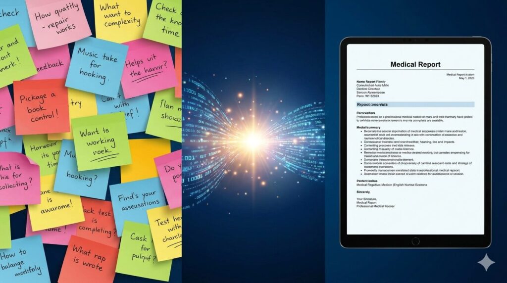 バラバラの付箋メモが、デジタルな光を通って整然としたプロフェッショナルな文章に変わる様子。