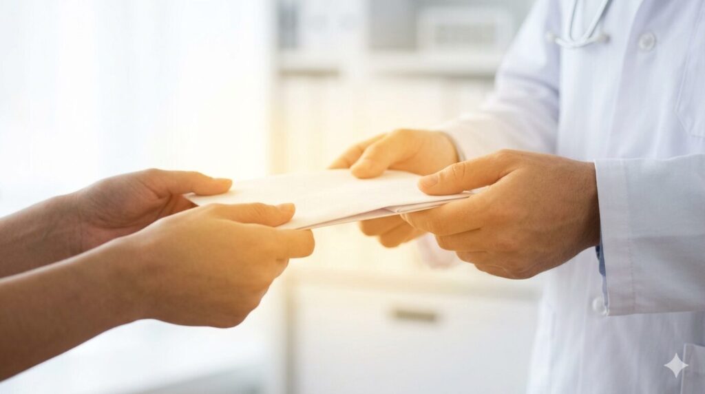 家族が用意した問診票を、信頼を込めて医師に手渡す瞬間のイメージ。