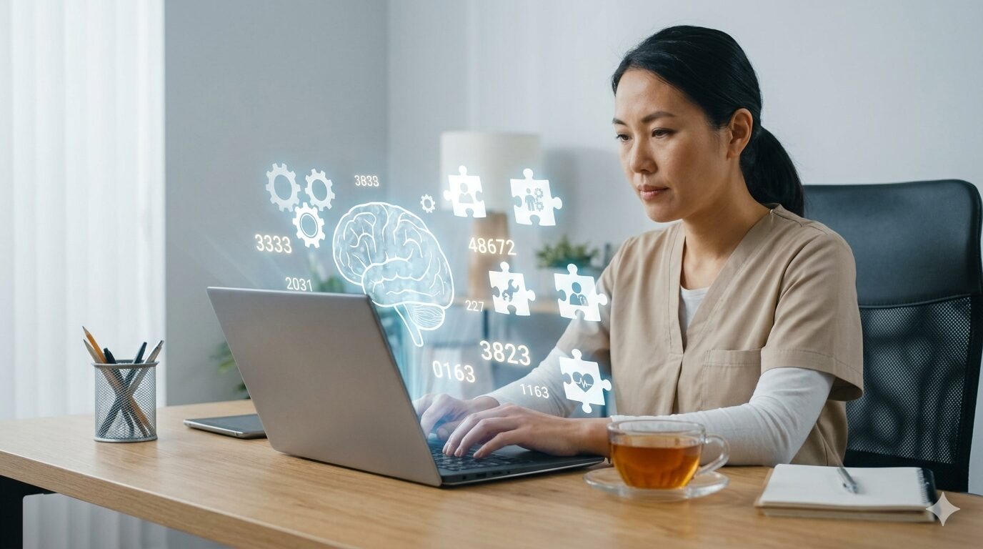 デジタルアシスタントのアイコンが浮かぶノートパソコンで、複雑な介護単位の数値を効率的に整理するケアマネジャーのイメージ。