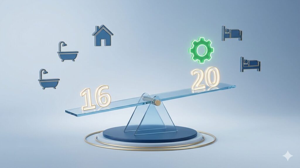 ガラスの天秤と光る数字が、様々な介護サービスのアイコンと単位数のバランスを調整している概念図。