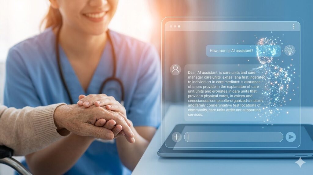 タブレット上でAIアシスタントが作成した説明文と、窓から差し込む光の中で高齢者と笑顔で手を取り合うケアマネジャーのイメージ。