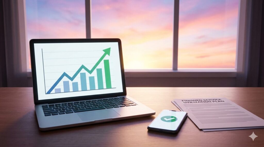 整理されたデスクに置かれた、完了した計画書とチェックマークが表示されたスマートフォン。窓から差し込む日の出の光。