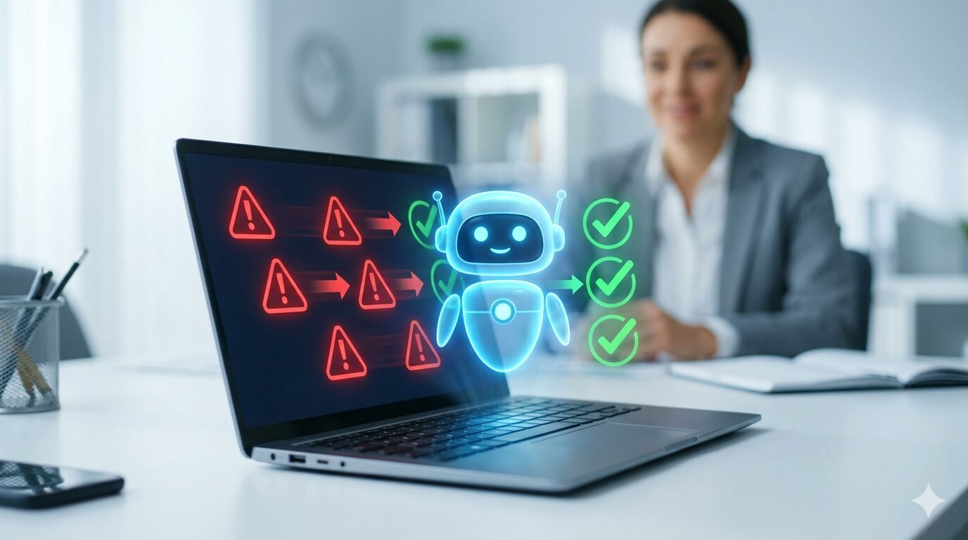 返戻エラーをAIの力で修正し、スムーズな再請求へ繋げるイメージ。