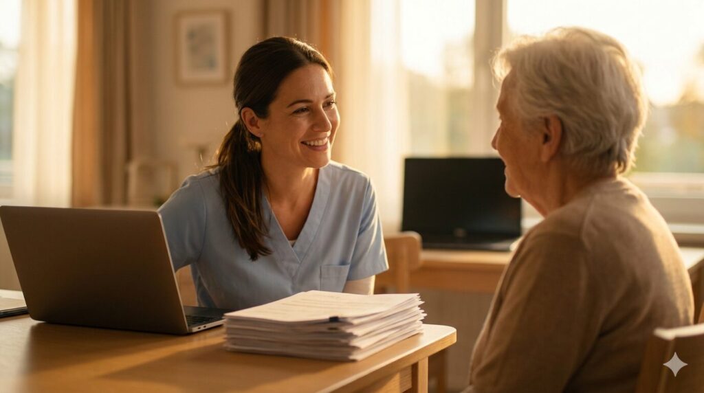 事務作業を効率的に終え、利用者様と笑顔で向き合う時間を確保できた介護現場の風景。