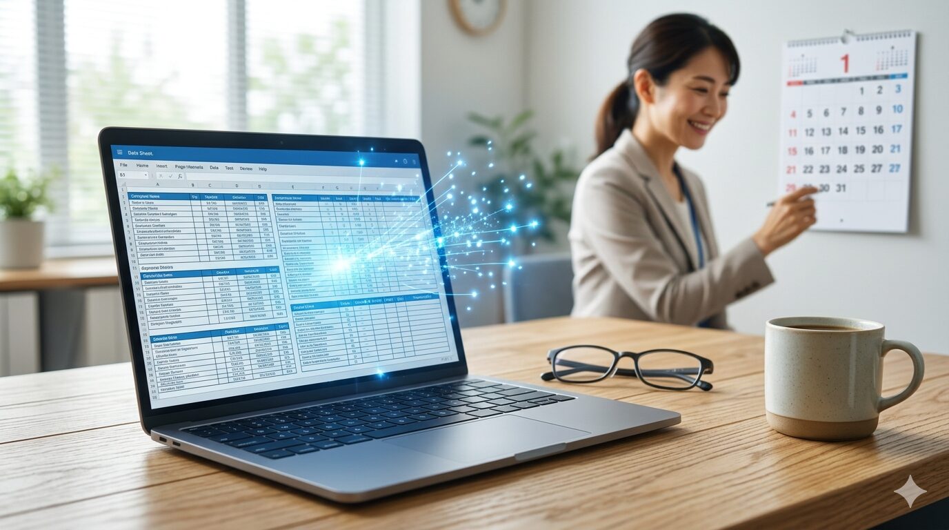 複雑な介護保険の請求データをAIが整理している、清潔感のあるデスク風景のイメージ。