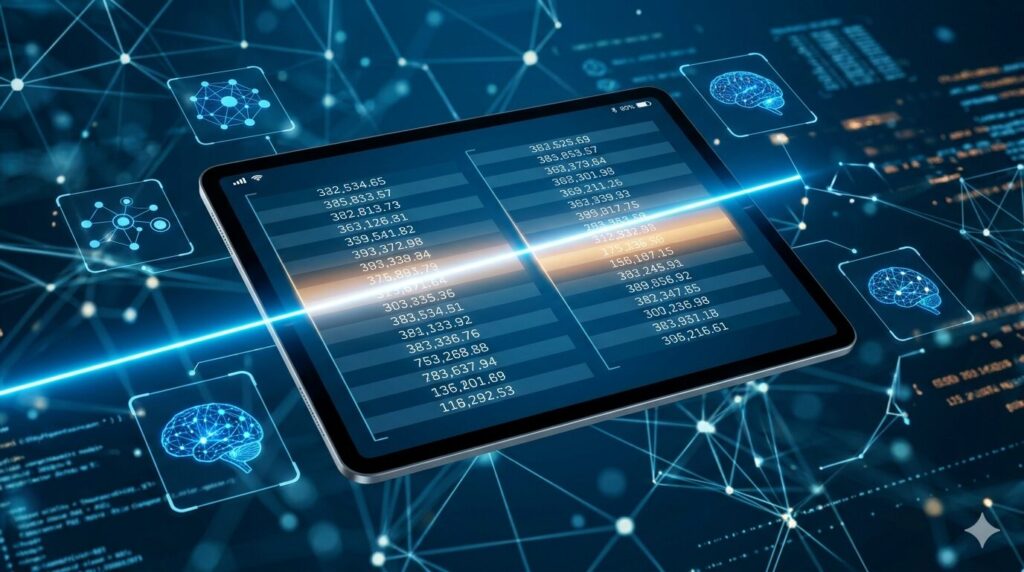 AIが膨大な請求データと実績データをスキャンし、不一致箇所を一瞬で抽出しているイメージ。