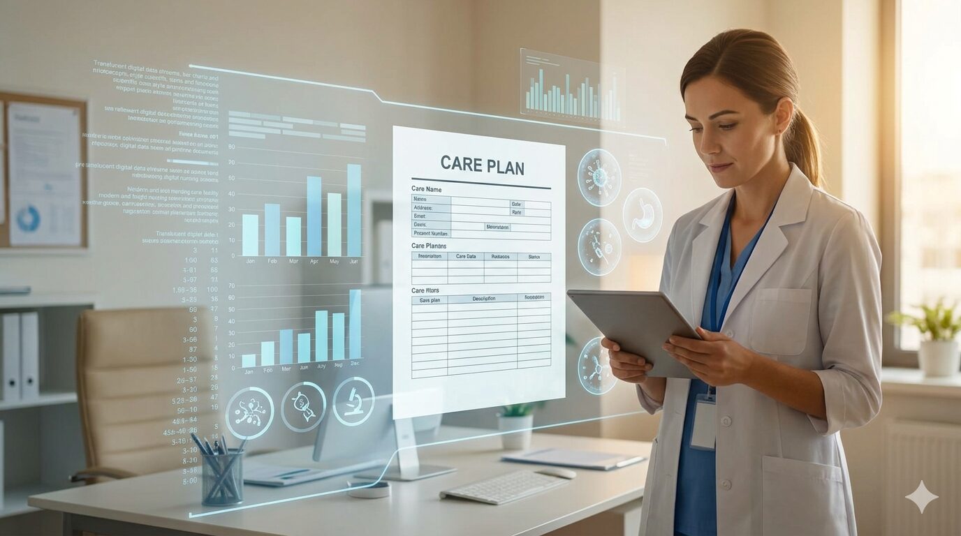 科学的なデータとケアプランが融合する、次世代の介護現場のイメージ。
