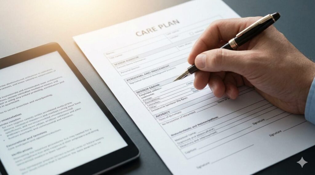 ケアプランの第2表・第3表を丁寧に作成する、専門的な実務風景。