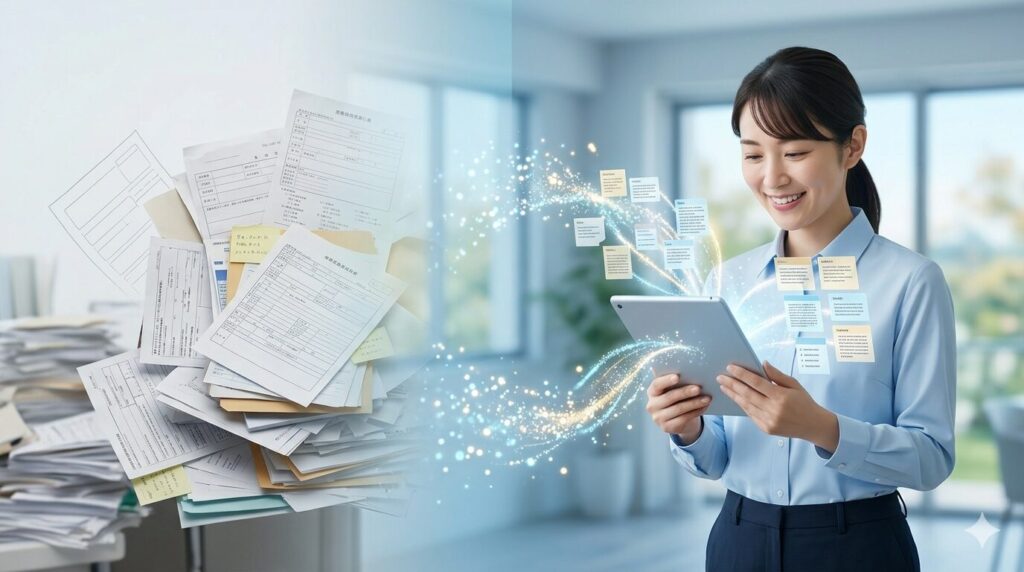 膨大な記録業務をAIに任せ、業務を効率化して笑顔が増えるケアマネジャー。