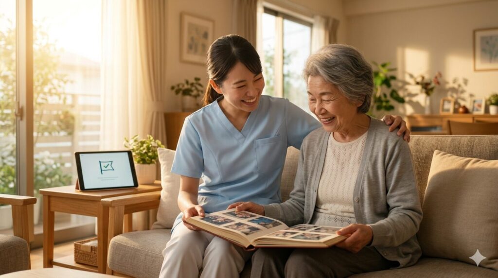 事務作業を終え、穏やかな光の中で利用者と心の通った会話を楽しむ介護スタッフ。