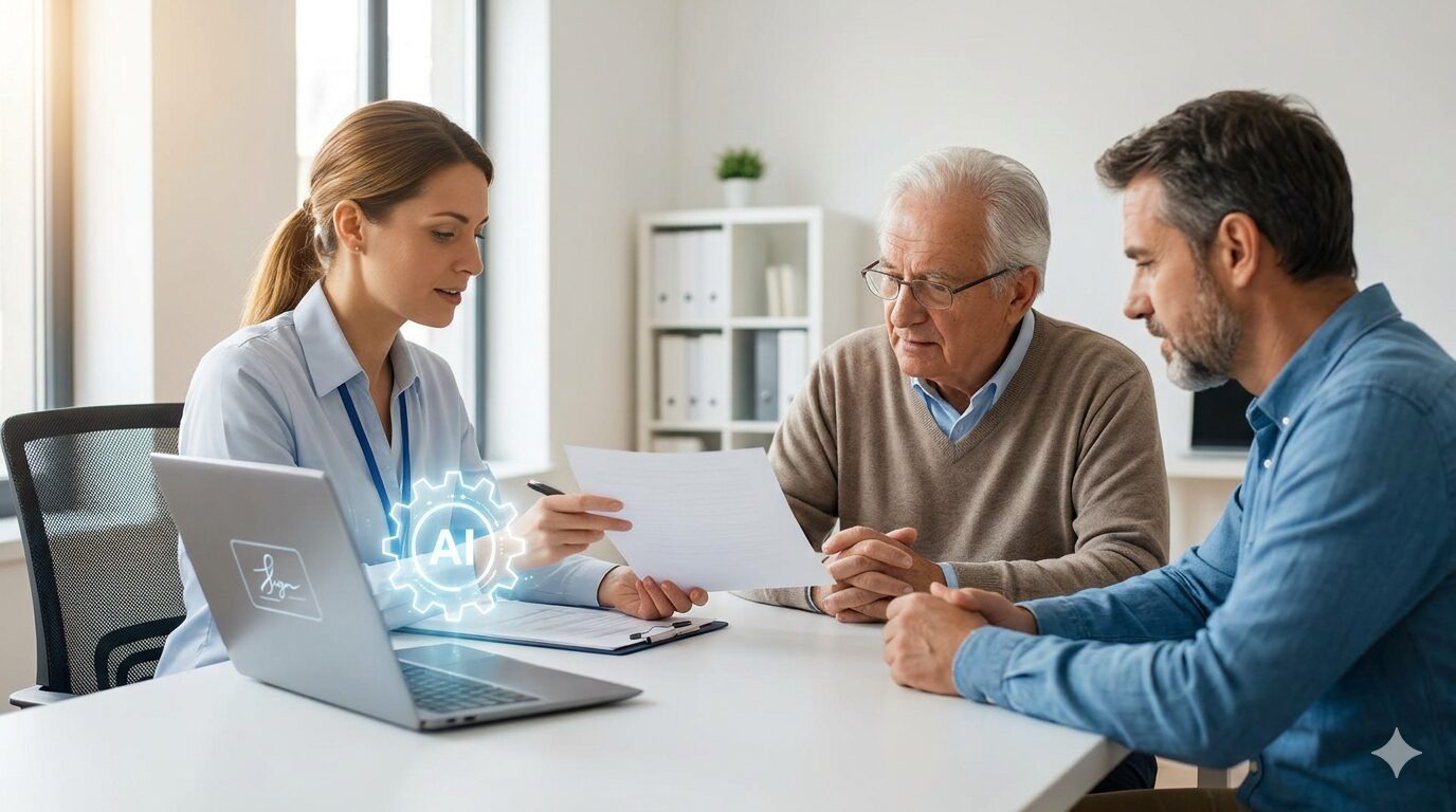 利用者と家族に丁寧に書類を説明するケアマネジャーと、DX化されたオフィスのイメージ。