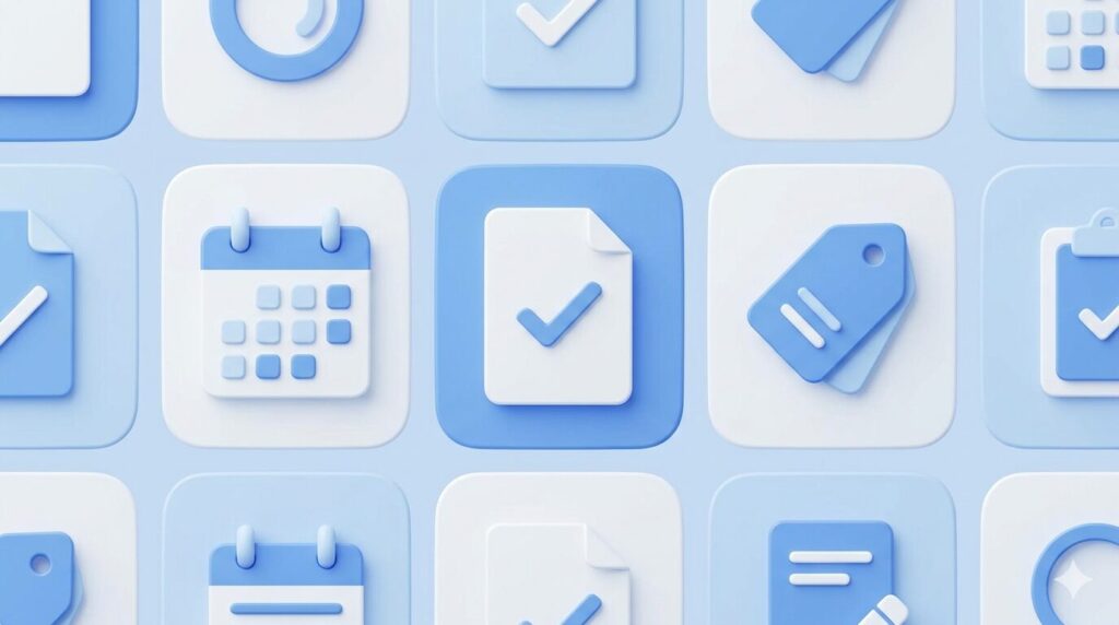 カレンダー、書類、価格のアイコンが整列した、情報の整理を象徴する概念図。