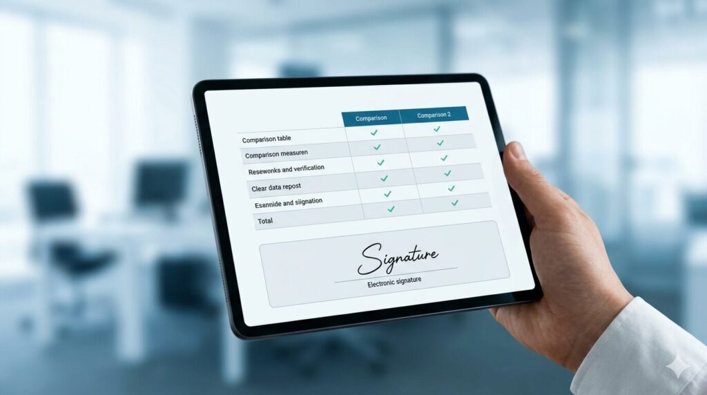 タブレットに表示された料金比較表と電子署名の入力欄。