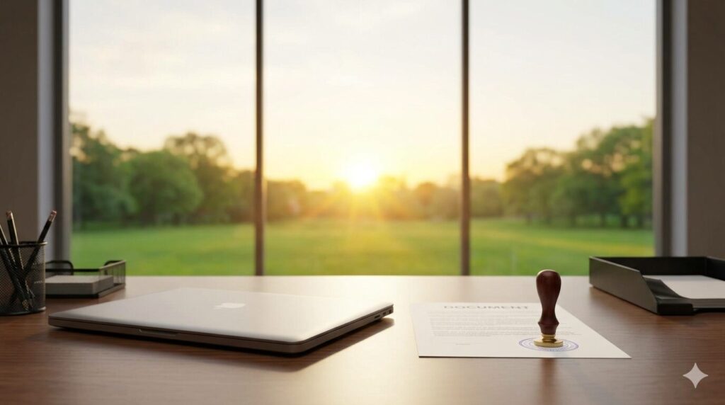 書類仕事が完了し、明るい光が差し込む整理されたデスク。