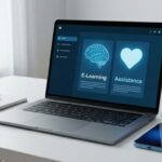 認知症介護基礎研修のeラーニング学習と、AIサポートをイメージしたデスク環境。