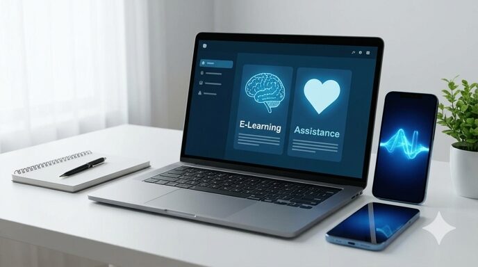 認知症介護基礎研修のeラーニング学習と、AIサポートをイメージしたデスク環境。