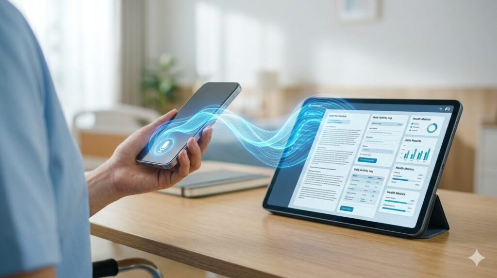 スマートフォンへの音声入力が、AIによって整理された介護記録に変換されるイメージ。