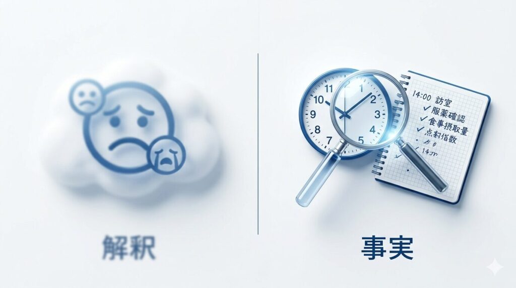 「事実」と「解釈」を切り分けることを象徴する、虫眼鏡とノートのコンセプト図。