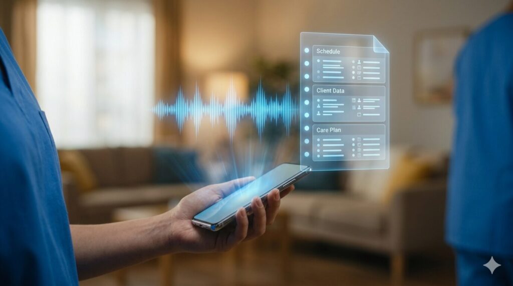 音声入力された現場の意見が、AIによって整理されたワークシートの下書きに変わるイメージ。