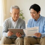 タブレットと銀行の書類を前に、笑顔で話し合う親子。背景にはAIによる保護を象徴する光のアイコン。