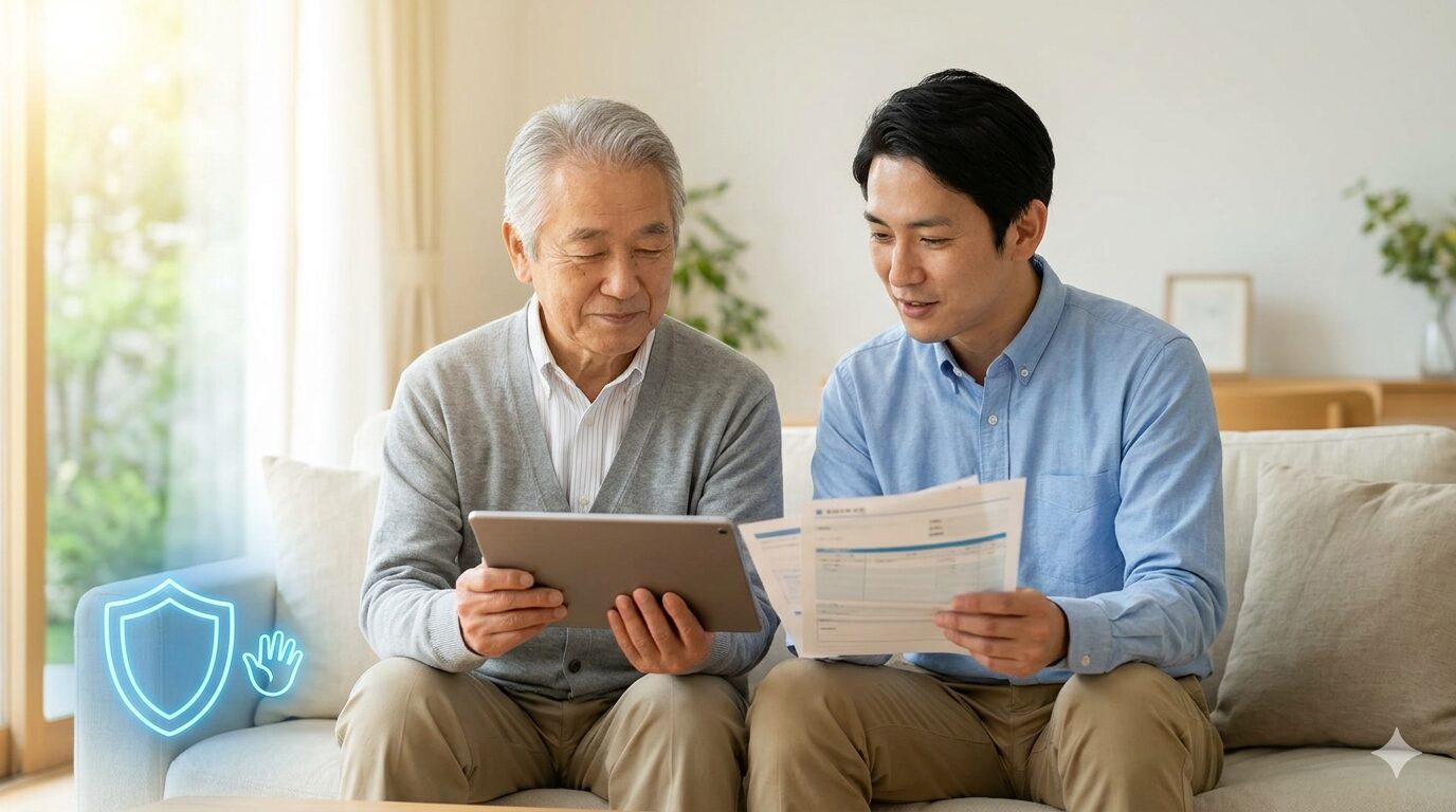 タブレットと銀行の書類を前に、笑顔で話し合う親子。背景にはAIによる保護を象徴する光のアイコン。