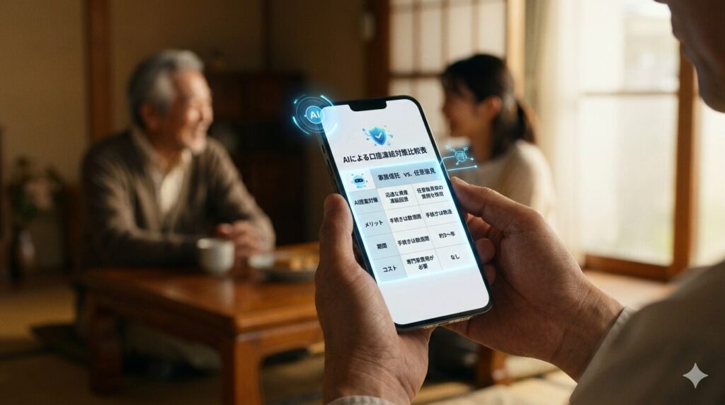 スマートフォンの画面でAIが作成した制度の比較表を確認しながら、背景で家族が対話している様子。