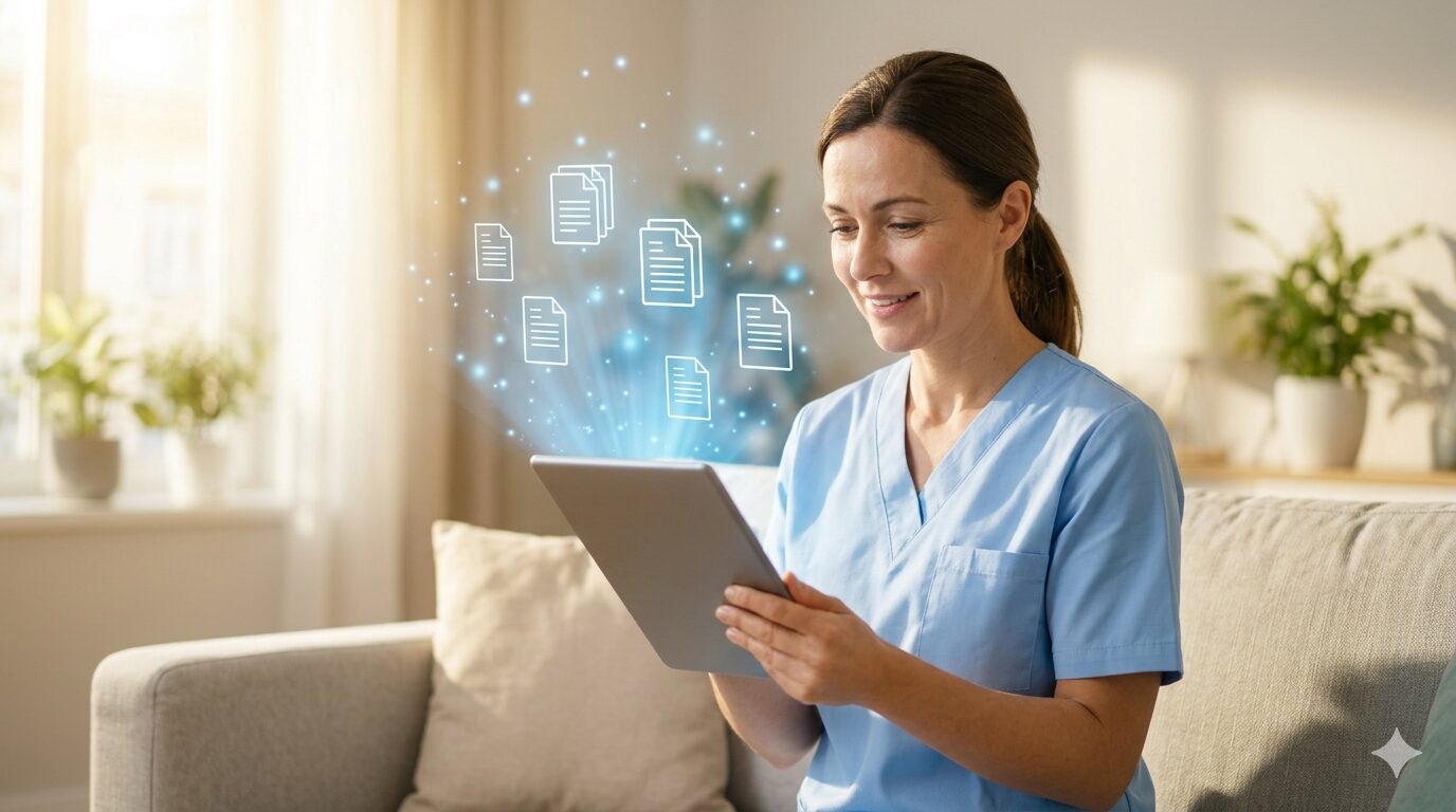タブレットを手に、記録業務がスムーズに進んで安心しているホームヘルパーの様子。