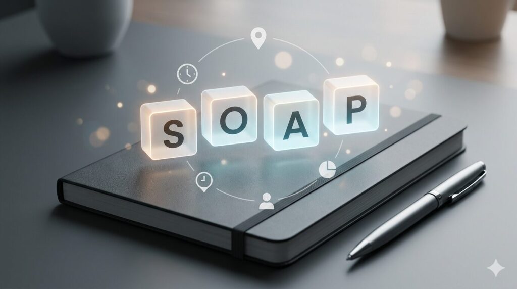 SOAPや5W1Hのフレームワークが、整然と並んでいるイメージ。