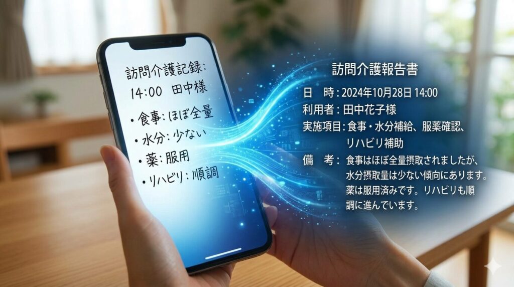 スマートフォンのメモがAIによってプロフェッショナルな報告文に書き換えられていく様子。