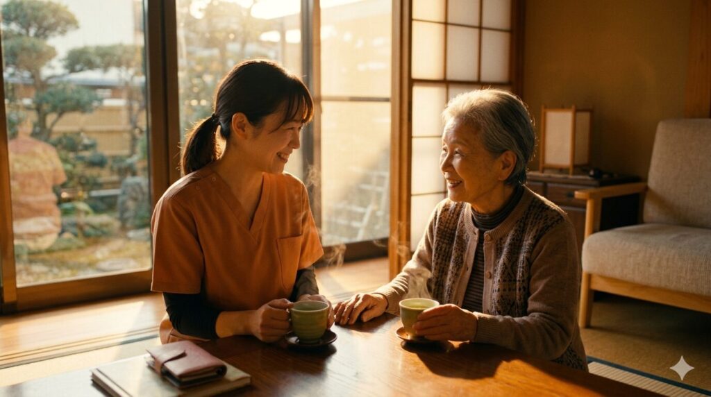 事務作業を終え、利用者様と心を通わせる穏やかな時間を過ごすホームヘルパー。