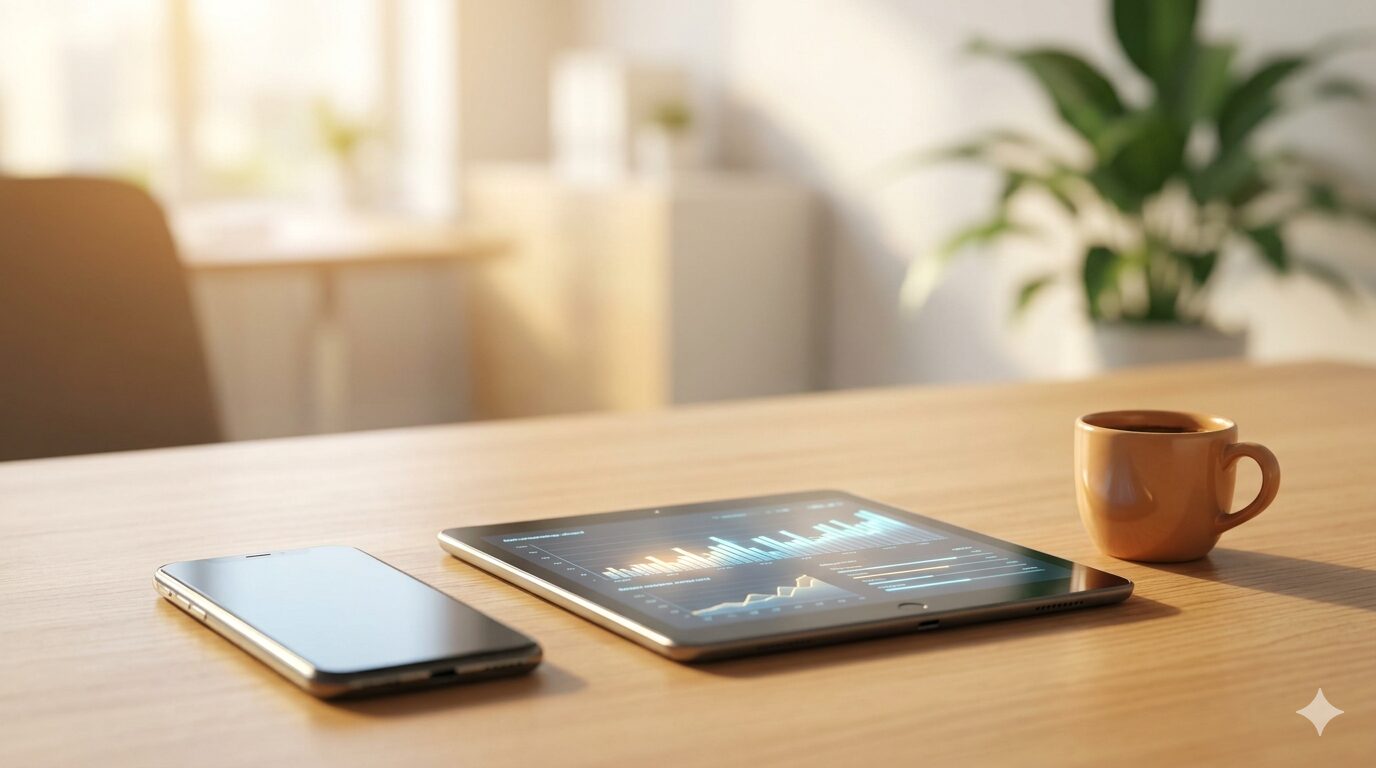 タブレットを手に、記録業務がスムーズに進んで安心しているホームヘルパーの様子。