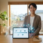 明るいオフィスで独立への一歩を踏み出すホームヘルパーと、ビジネスの成長を支えるAIテクノロジーのイメージ