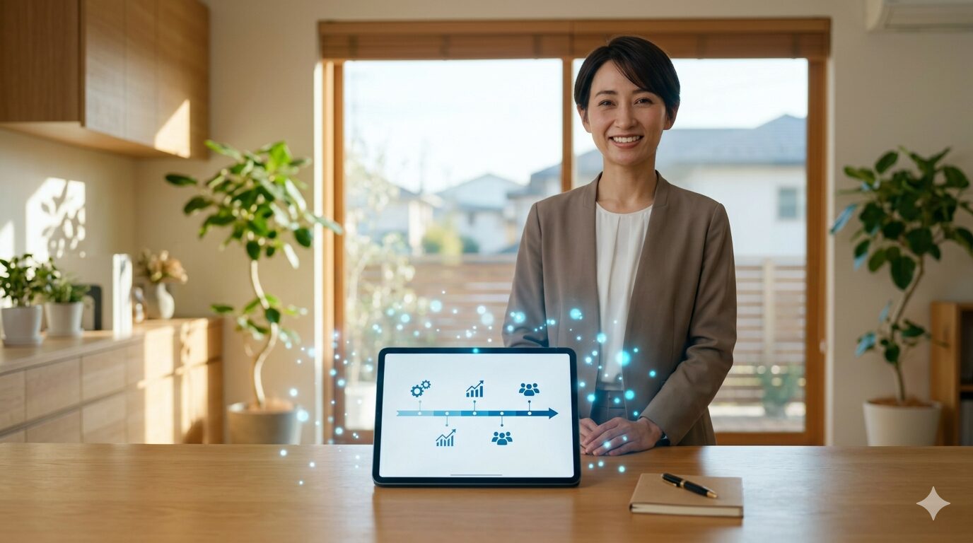 明るいオフィスで独立への一歩を踏み出すホームヘルパーと、ビジネスの成長を支えるAIテクノロジーのイメージ