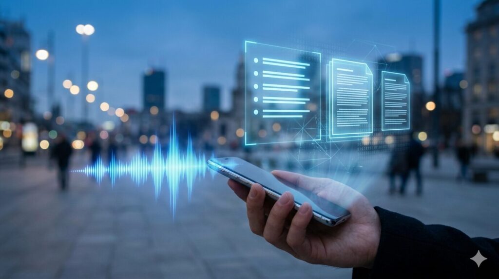 スマートフォンへの音声入力が、生成AIの波によって綺麗な介護記録や報告文に書き換えられていくイメージ。