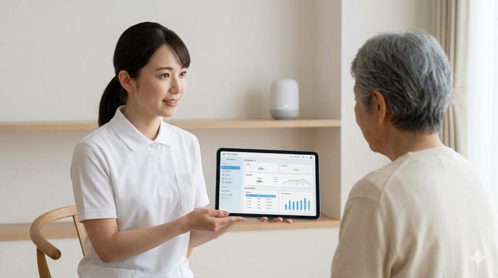 ご家族に対してタブレットで分かりやすい報告を行い、背景には見守り用のIoTセンサーが設置されている様子。