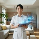 タブレットを手に持ち、笑顔で立つプロフェッショナルなホームヘルパーとAIテクノロジーの光。